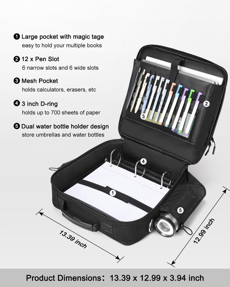 HINOOR 3 Inch 3-Ring Zipper Binder with Water Bottle Holder, D-Ring Zip Up Binder with Shoulder Strap, 700 Sheet Capacity, Compatible with 13" MacBook/Tablet, for School, Office (Black) - Image 2