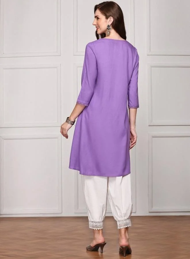 آي شين Women's Lavender Rayon Printed Tunic Straight Fit Kurta