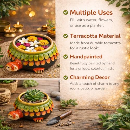 SHOPMEFAST Hand-Painted Terracotta Bowl - 7" Decorative Urli Centerpiece with Turtle Design, Perfect for Home & Garden, Ideal for Floating Candles & Flowers - Image 3