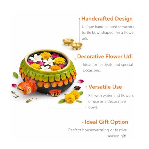 SHOPMEFAST Hand-Painted Terracotta Bowl - 7" Decorative Urli Centerpiece with Turtle Design, Perfect for Home & Garden, Ideal for Floating Candles & Flowers - Image 4