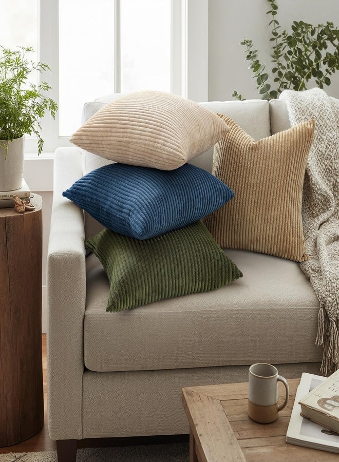 Mecatny أغطية وسائد مزخرفة من قماش الكوردروي من ميكاتني، مقاس 18×18 بوصة، طقم من قطعتين، مناسبة لغرفة المعيشة أو الأريكة، أغطية وسائد ناعمة بألوان محايدة بنمط بوهيمي، لون أخضر زيتوني - Image 2