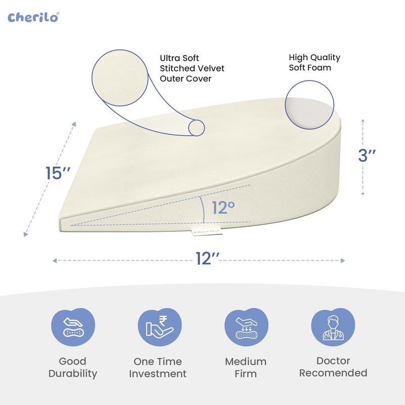 Cherilo C Shaped Elevated Wedge Pillow for Baby Crib & Mattress, Helps to Elevate Baby for Acid Reflux, Colic, GERD, Heat Burn & Vomiting | 15" x 12" x 3" | - With Removable Velvet Cover - Cream - Image 5