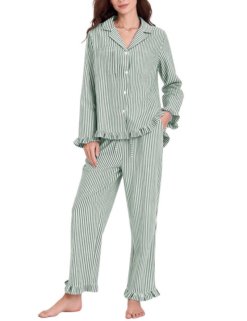 Flygo Women's Striped Pajama Sets 2 Piece Cotton Lounge Sets Button Down Top Straight Leg Pants with Pockets Y2K Pjs Sleepwear (DarkGreen-L) - Image 1