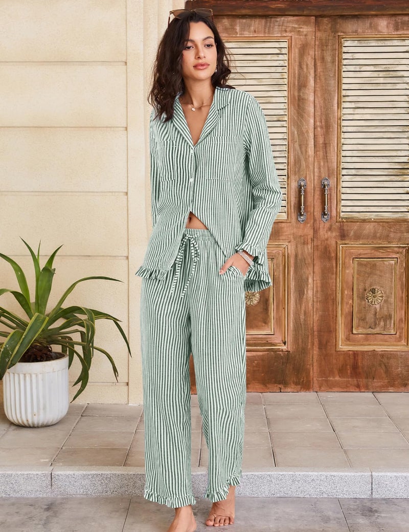 Flygo Women's Striped Pajama Sets 2 Piece Cotton Lounge Sets Button Down Top Straight Leg Pants with Pockets Y2K Pjs Sleepwear (DarkGreen-L) - Image 3