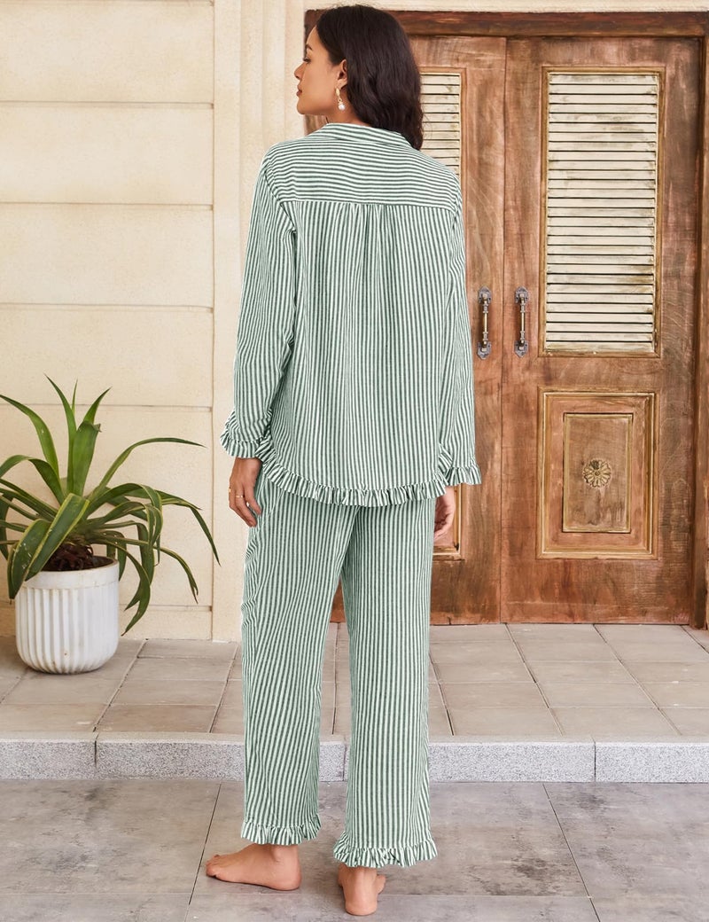 Flygo Women's Striped Pajama Sets 2 Piece Cotton Lounge Sets Button Down Top Straight Leg Pants with Pockets Y2K Pjs Sleepwear (DarkGreen-L) - Image 5
