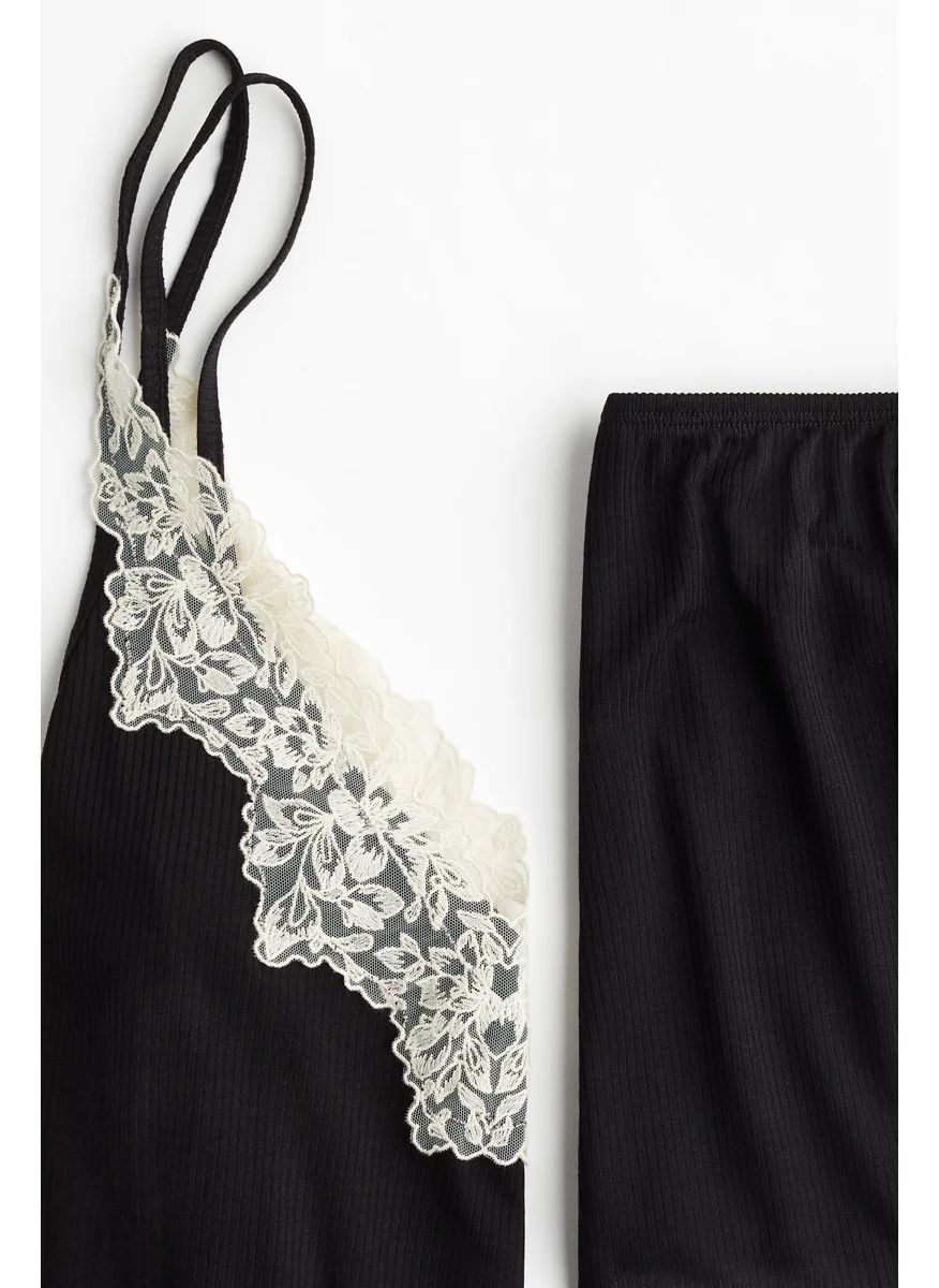 H&M Lace-Trimmed Ribbed Pyjamas