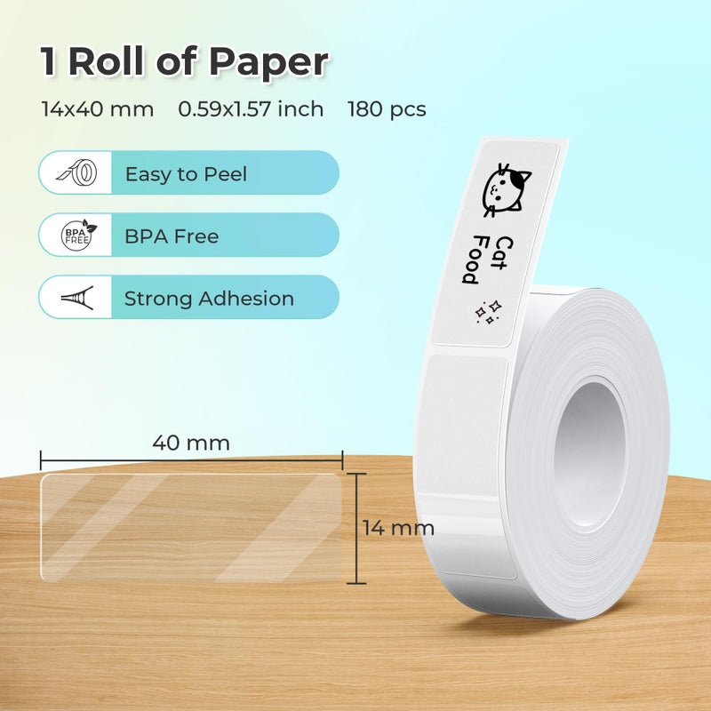 Nelko Genuine P21 Label Maker Tape, Adapted Label Print Paper, 14x40mm (0.55"x1.57"), Standard Laminated Office Labeling Tape Replacement, Multipurpose of Home, Office, 180 Labels/Roll, Transparent - Image 2