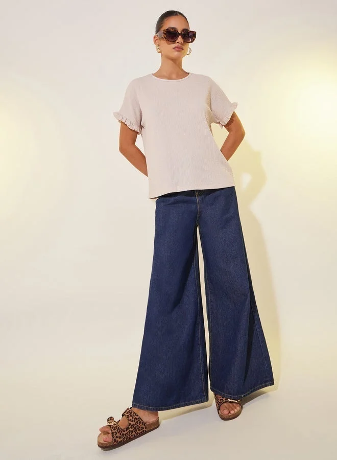 Take Two Texture Solid Round Neck Loose Fit T-Shirt