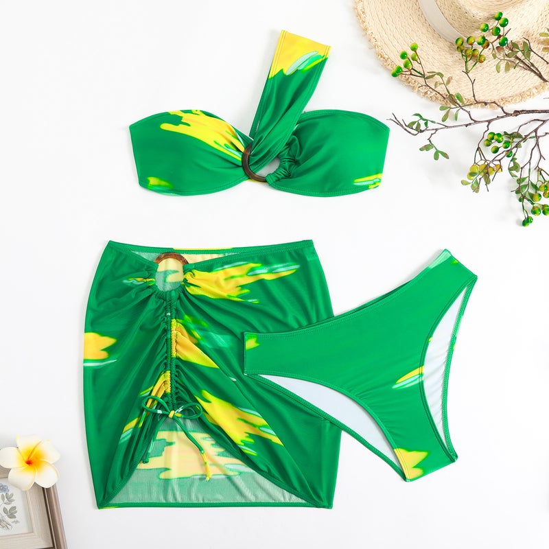 2025 Swimwear One-Shoulder Bikini Gradient Three-Piece Bag Hip Skirt Drawstring Swimwear - Image 1