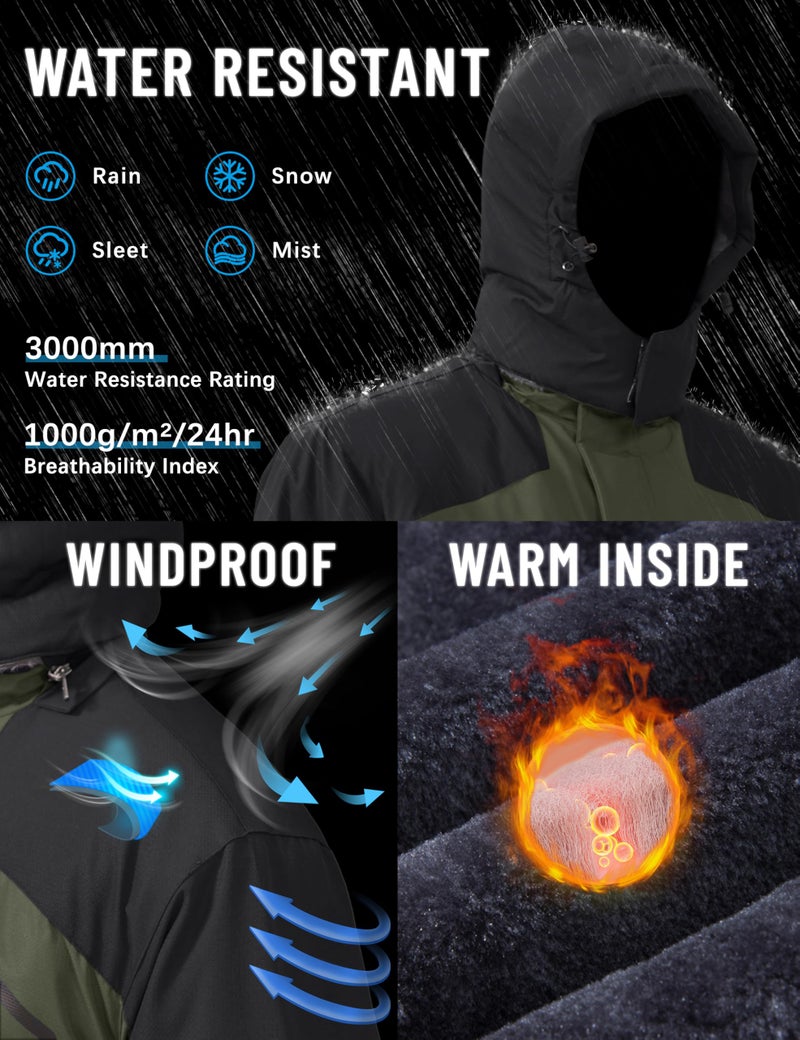 TACVASEN Water Resistant Jackets for Men Windproof Jacket Sports Winter Jacket Fleece Line Skiing Snowboarding Jacket with Hood Multi-Pockets, Green L - Image 2