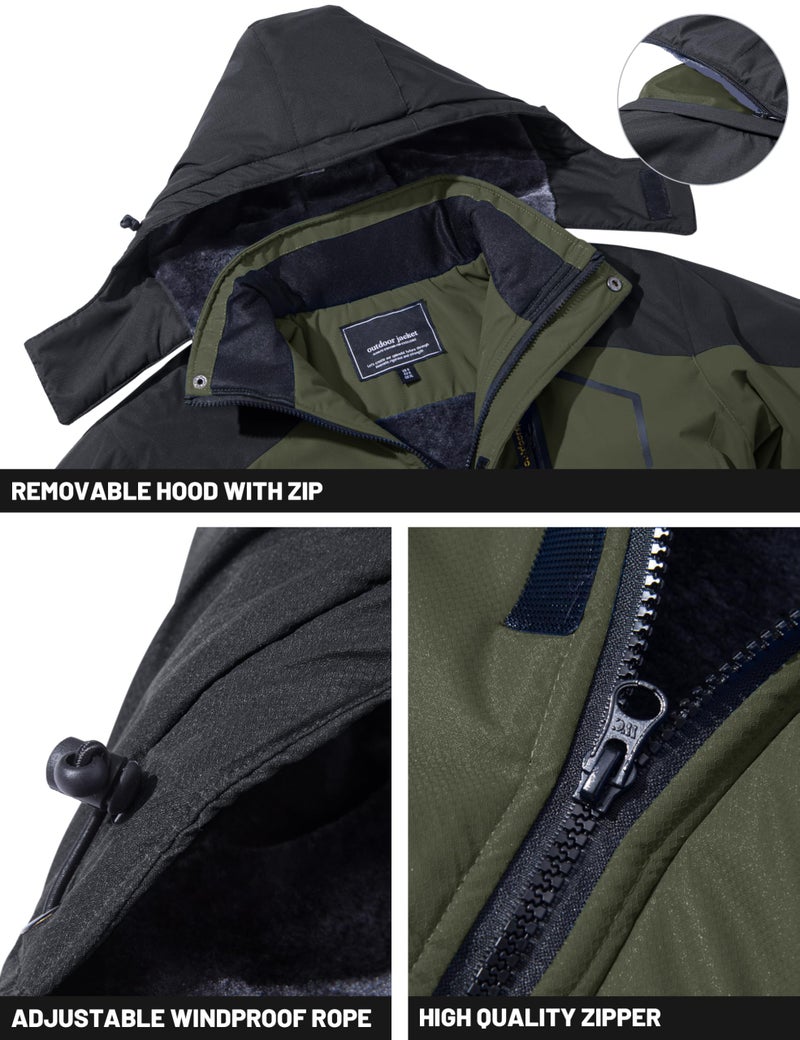 TACVASEN Water Resistant Jackets for Men Windproof Jacket Sports Winter Jacket Fleece Line Skiing Snowboarding Jacket with Hood Multi-Pockets, Green L - Image 4