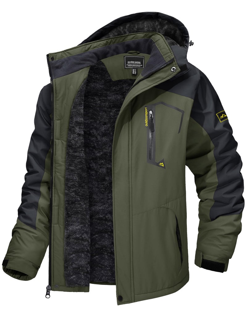 TACVASEN Water Resistant Jackets for Men Windproof Jacket Sports Winter Jacket Fleece Line Skiing Snowboarding Jacket with Hood Multi-Pockets, Green L - Image 1