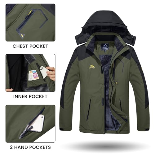 TACVASEN Water Resistant Jackets for Men Windproof Jacket Sports Winter Jacket Fleece Line Skiing Snowboarding Jacket with Hood Multi-Pockets, Green L - Image 5