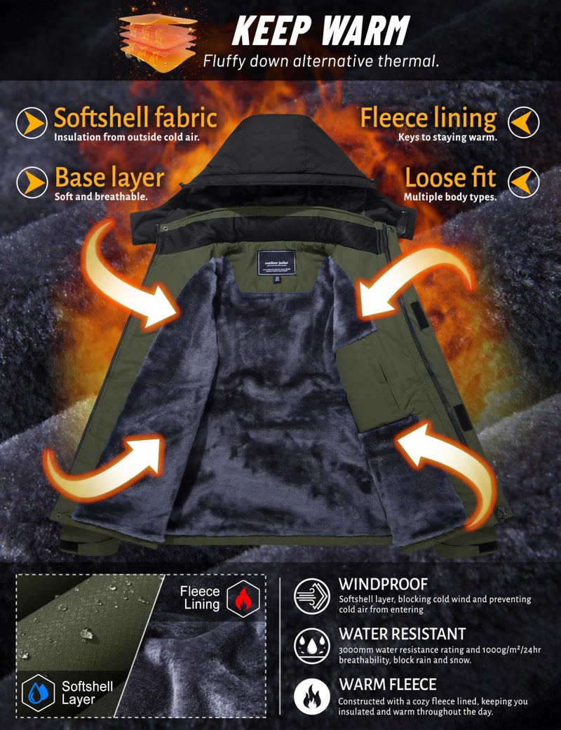 TACVASEN Water Resistant Jackets for Men Windproof Jacket Sports Winter Jacket Fleece Line Skiing Snowboarding Jacket with Hood Multi-Pockets, Green L - Image 3
