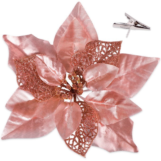 15PCS CHRISTMAS TREE DECORATIONS POINSETTIAS ARTIFICIAL FLOWERS ORNAMENTS LARGE SIZE 87 XMAS GLITTER FLOWER WITH CLIPS PLUS STEMS ROSE GOLD