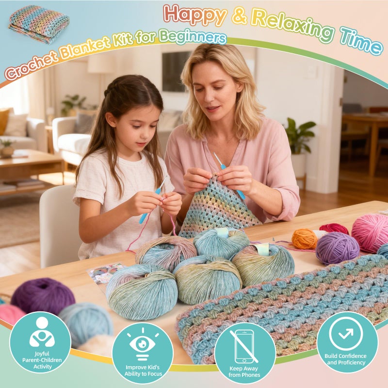 Aeelike Blanket Crochet Kit for Beginners, Super Easy Crochet Blanket Kit with Soft & Colorful Gradient Yarns Detailed Video Tutorials Crocheting Accessories, Classical Gradient & Ideal Gift - Image 2