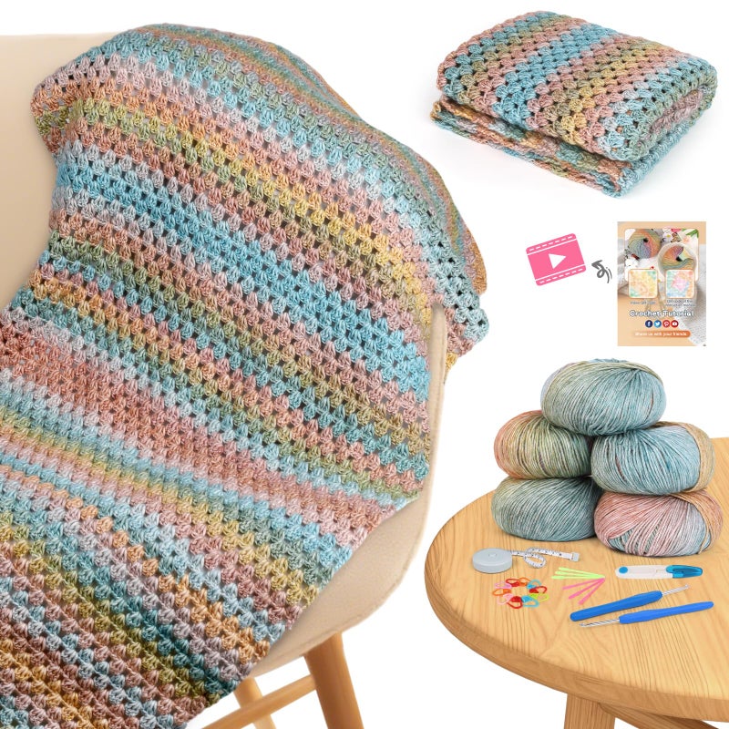 Aeelike Blanket Crochet Kit for Beginners, Super Easy Crochet Blanket Kit with Soft & Colorful Gradient Yarns Detailed Video Tutorials Crocheting Accessories, Classical Gradient & Ideal Gift - Image 1