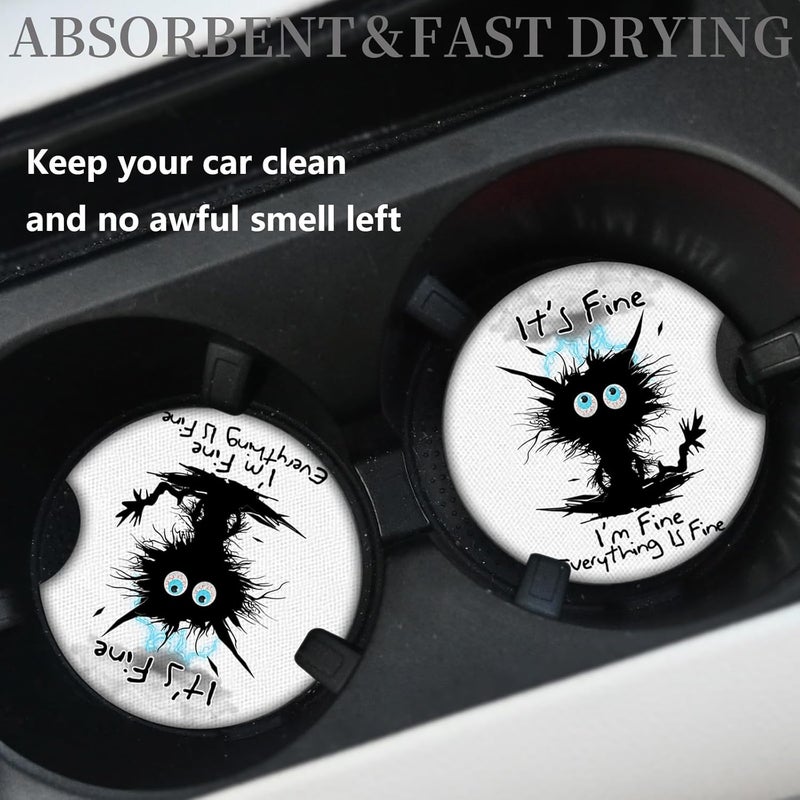 Adastrah 2 Pack Car Cup Holders,Universal Auto Anti Slip Insert Coaster, Rubber Car Coasters with A Finger Notch, Cute Car Assecories for Women Men (I'm Fine Cat) - Image 2