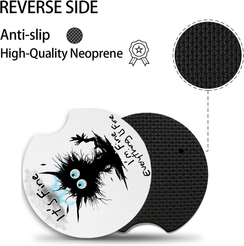 Adastrah 2 Pack Car Cup Holders,Universal Auto Anti Slip Insert Coaster, Rubber Car Coasters with A Finger Notch, Cute Car Assecories for Women Men (I'm Fine Cat) - Image 3