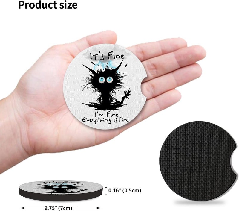 Adastrah 2 Pack Car Cup Holders,Universal Auto Anti Slip Insert Coaster, Rubber Car Coasters with A Finger Notch, Cute Car Assecories for Women Men (I'm Fine Cat) - Image 4