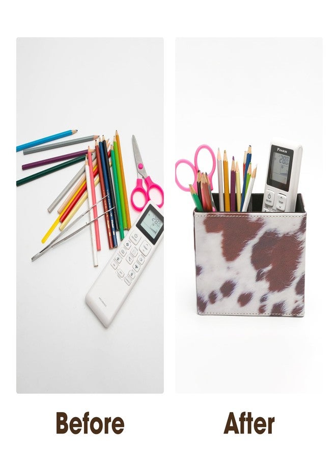 BuleVina Western Cow Pen Holder: PU Leather Pencil Cup, 5.9x2.8x4.3'' Longhorn White Cowhide with Black And Brown Spots Pen Organizer, Makeup Brush Holder for Table Desk Office Space-Saving (2 Compartments) - Image 4