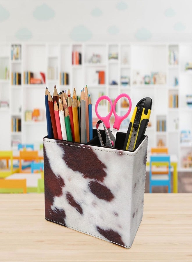 BuleVina Western Cow Pen Holder: PU Leather Pencil Cup, 5.9x2.8x4.3'' Longhorn White Cowhide with Black And Brown Spots Pen Organizer, Makeup Brush Holder for Table Desk Office Space-Saving (2 Compartments) - Image 5