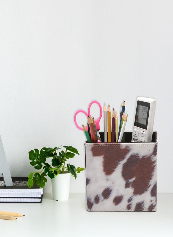 BuleVina Western Cow Pen Holder: PU Leather Pencil Cup, 5.9x2.8x4.3'' Longhorn White Cowhide with Black And Brown Spots Pen Organizer, Makeup Brush Holder for Table Desk Office Space-Saving (2 Compartments) - Image 3