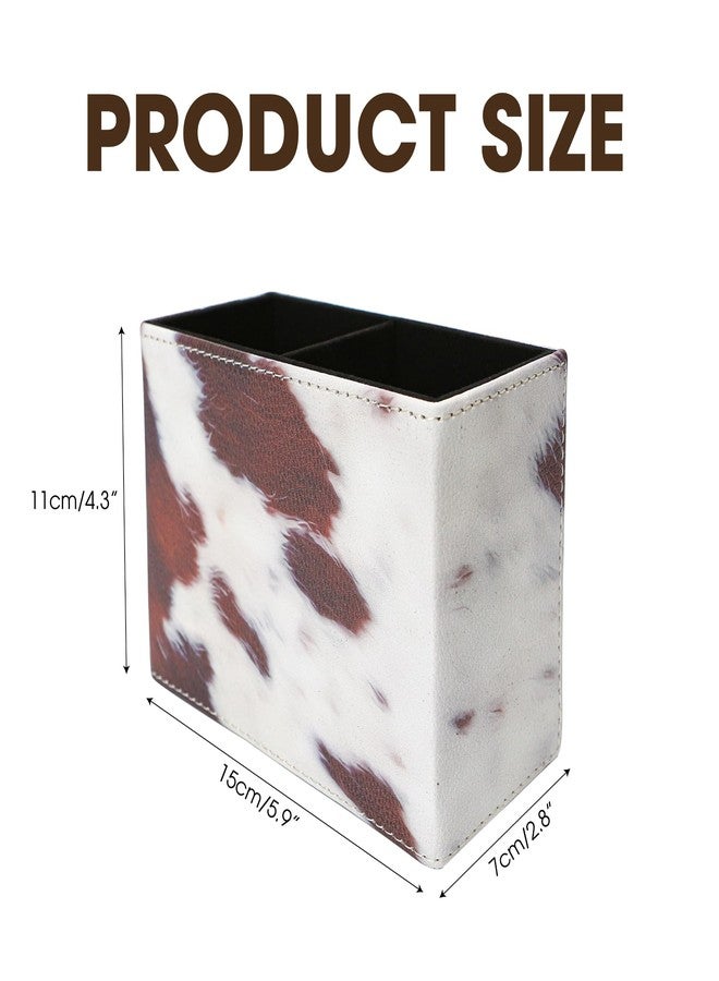 BuleVina Western Cow Pen Holder: PU Leather Pencil Cup, 5.9x2.8x4.3'' Longhorn White Cowhide with Black And Brown Spots Pen Organizer, Makeup Brush Holder for Table Desk Office Space-Saving (2 Compartments) - Image 2