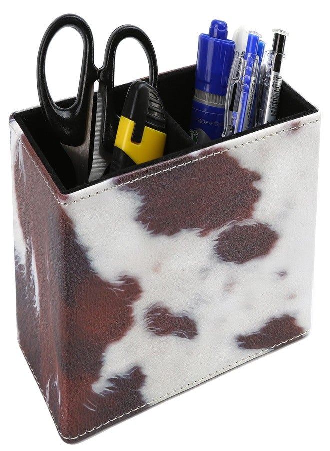BuleVina Western Cow Pen Holder: PU Leather Pencil Cup, 5.9x2.8x4.3'' Longhorn White Cowhide with Black And Brown Spots Pen Organizer, Makeup Brush Holder for Table Desk Office Space-Saving (2 Compartments) - Image 1