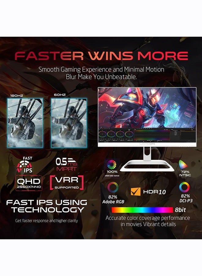 GAMEON 27-Inch QHD Gaming Monitor, Artic Pro Series 180Hz, 0.3ms MPRT, Fast IPS Panel, HDR, FreeSync & G-Sync Compatible, HDMI 2.1, PS5 Ready White - Image 4