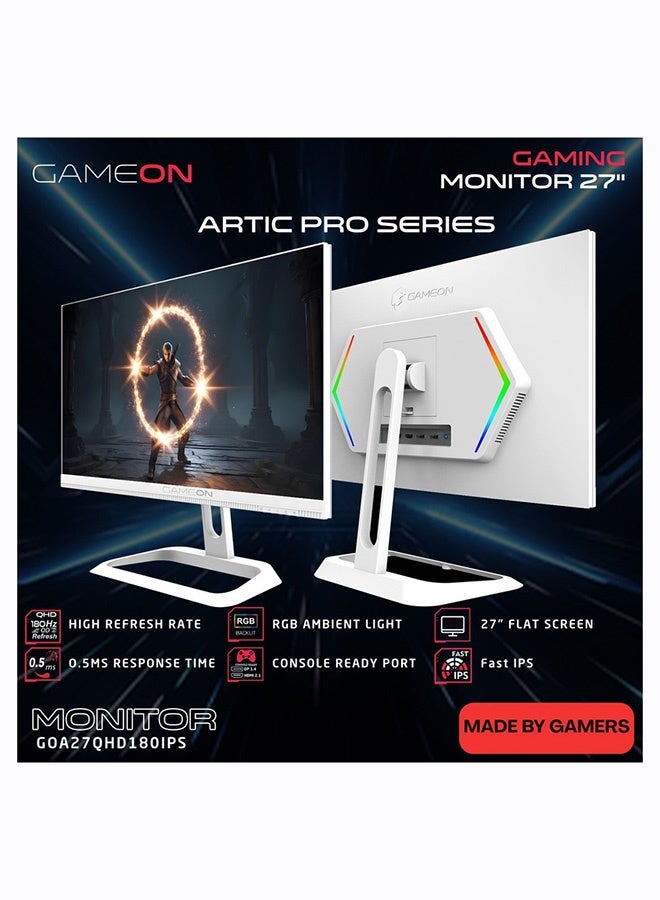 GAMEON 27-Inch QHD Gaming Monitor, Artic Pro Series 180Hz, 0.3ms MPRT, Fast IPS Panel, HDR, FreeSync & G-Sync Compatible, HDMI 2.1, PS5 Ready White - Image 2