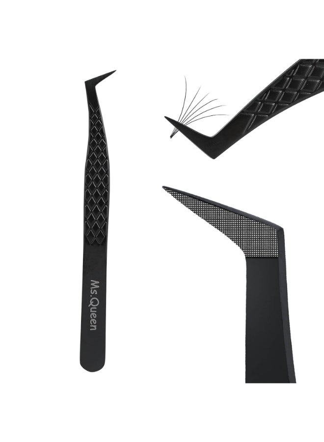 Ms.Queen MsQueen Fiber Tip Lash Tweezers Precise Diamond Grip LShape Boot Volume Eyelash Extension TweezersBlack - Image 2