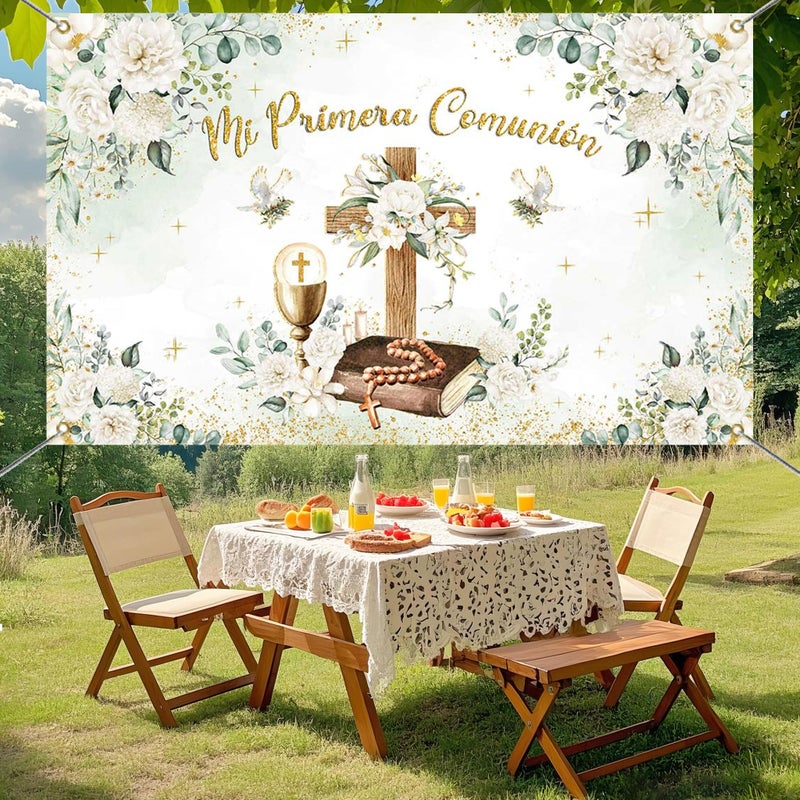Mocsicka Mi Primera Comunion Banner - First Holy Communion Baptism Backdrop Decorations, Greenery Christening God Bless Party Background Photo Booth Props - Image 5