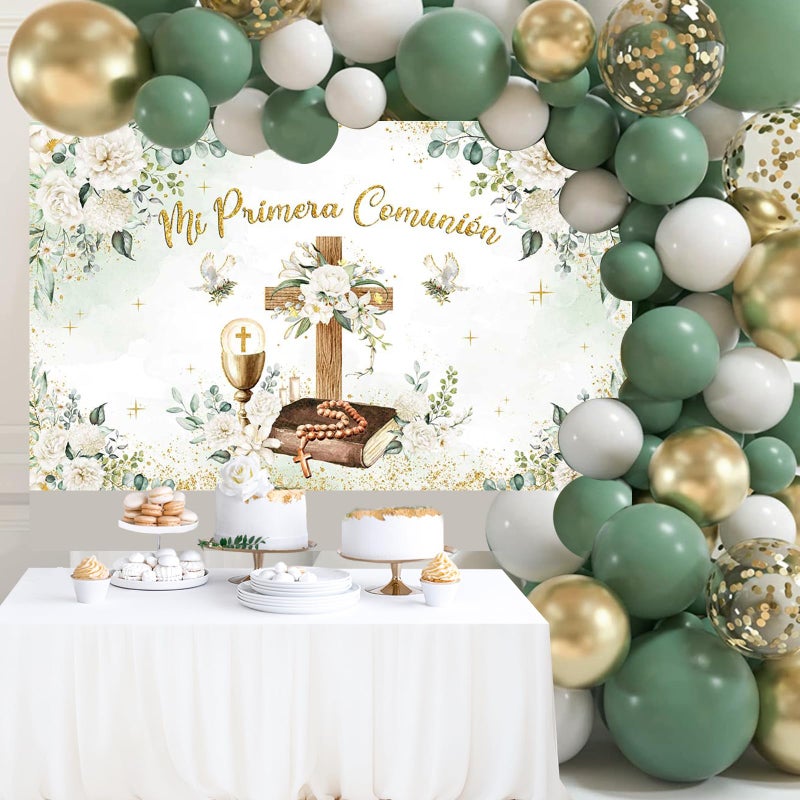 Mocsicka Mi Primera Comunion Banner - First Holy Communion Baptism Backdrop Decorations, Greenery Christening God Bless Party Background Photo Booth Props - Image 2