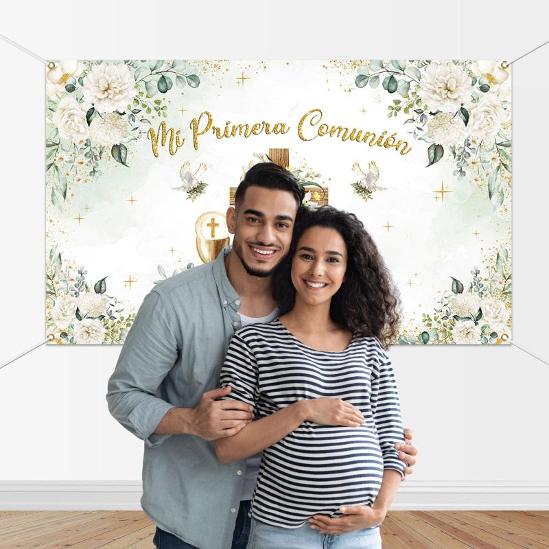 Mocsicka Mi Primera Comunion Banner - First Holy Communion Baptism Backdrop Decorations, Greenery Christening God Bless Party Background Photo Booth Props - Image 3