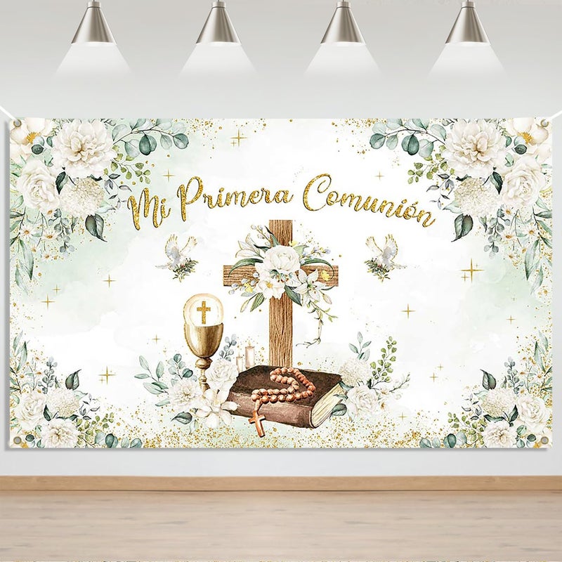 Mocsicka Mi Primera Comunion Banner - First Holy Communion Baptism Backdrop Decorations, Greenery Christening God Bless Party Background Photo Booth Props - Image 1