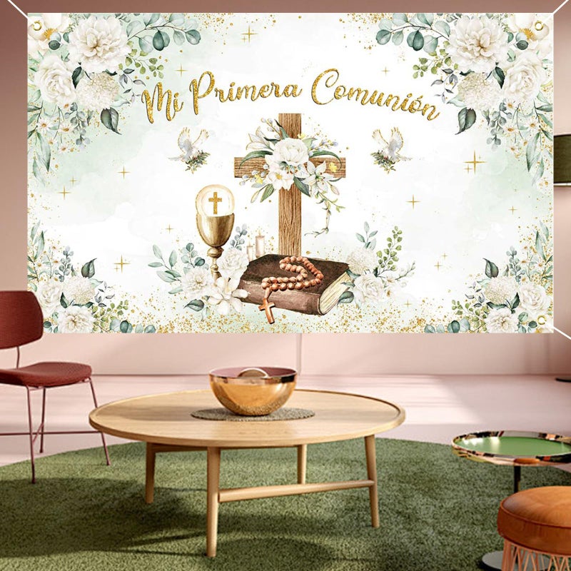 Mocsicka Mi Primera Comunion Banner - First Holy Communion Baptism Backdrop Decorations, Greenery Christening God Bless Party Background Photo Booth Props - Image 4