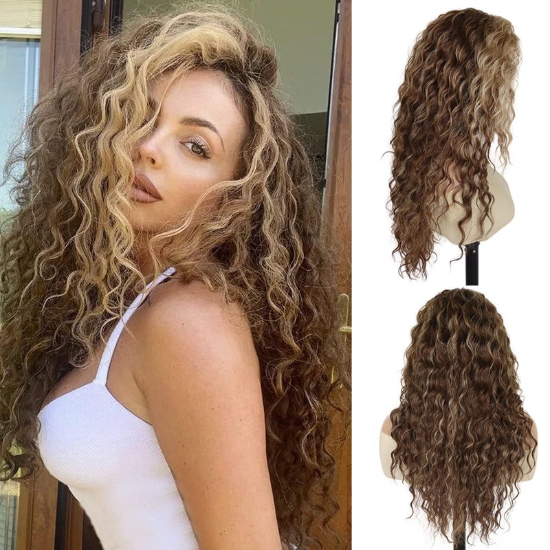GNIMEGIL Brown Mixed Blonde Wig Long Wavy Wigs for Women with Highlights Fluffy Curly Free Part Root Synthetic Costume Party Carnival Wig with Hairpin