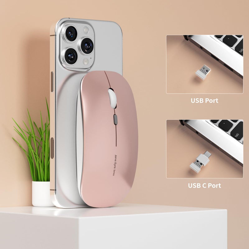 Uciefy Q5 Slim Rechargeable Wireless Mouse, 2.4G Portable Optical Silent Ultra Thin Wireless Computer Mouse with USB Receiver and Type C Adapter, Compatible with PC, Laptop, Desktop (Rose Gold) - Image 4
