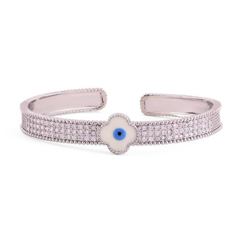 Rubans Rhodium-Plated Evil Eye Cuff Bracelet with Cubic Zirconia Detailing - Image 1
