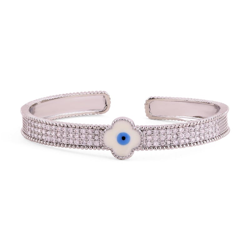 Rubans Rhodium-Plated Evil Eye Cuff Bracelet with Cubic Zirconia Detailing - Image 5
