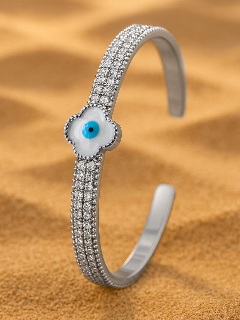 Rubans Rhodium-Plated Evil Eye Cuff Bracelet with Cubic Zirconia Detailing - Image 2
