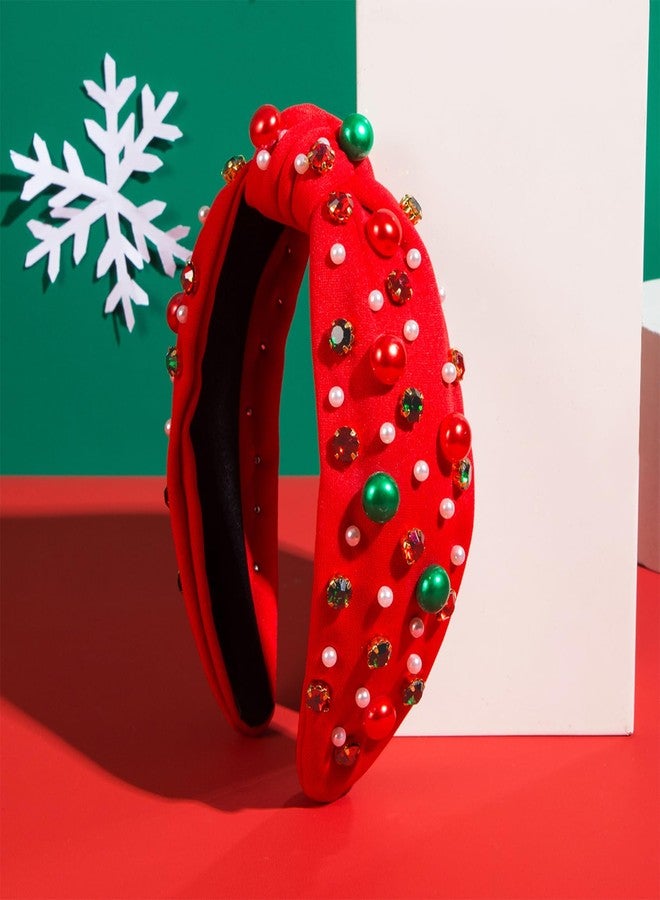 TailaiMei 2Pcs Christmas Rhinestone Knotted Headband for Women, Red & Green Jeweled Crystal Embellished Ladies Twist Wide Hair Band Accessories Holiday Makeup Hair Hoop Gifts (Pearl) - Image 2
