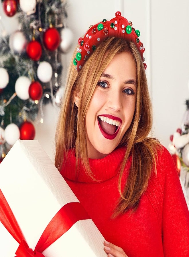 TailaiMei 2Pcs Christmas Rhinestone Knotted Headband for Women, Red & Green Jeweled Crystal Embellished Ladies Twist Wide Hair Band Accessories Holiday Makeup Hair Hoop Gifts (Pearl) - Image 5
