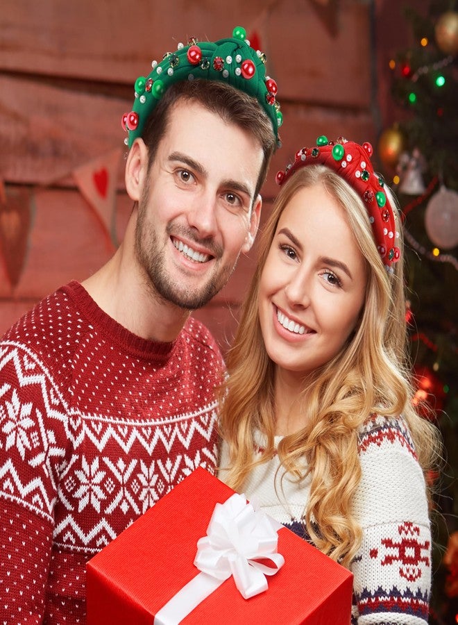 TailaiMei 2Pcs Christmas Rhinestone Knotted Headband for Women, Red & Green Jeweled Crystal Embellished Ladies Twist Wide Hair Band Accessories Holiday Makeup Hair Hoop Gifts (Pearl) - Image 4