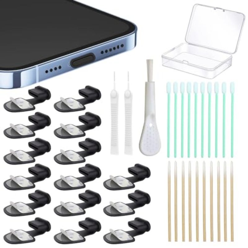 USB C-Type Anti Loss Dust Plugs, USB C-Type Port Silicone Dust Covers, with Detachable Adhesive for Mobile Phone, with Clean Tools/Storage Box, 15-Pack - Image 1