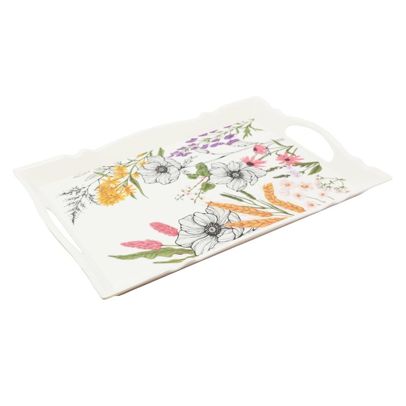 Soleter 3-Piece Botanical Wildflower Serving Tray Set – Rectangular Melamine Trays with Pink, Purple & Yellow Floral Illustrations, Wheat Stalks & Greenery, Integrated Handles - Image 3