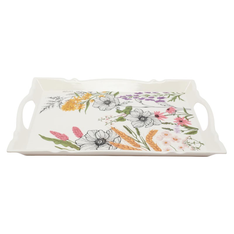 Soleter 3-Piece Botanical Wildflower Serving Tray Set – Rectangular Melamine Trays with Pink, Purple & Yellow Floral Illustrations, Wheat Stalks & Greenery, Integrated Handles - Image 2