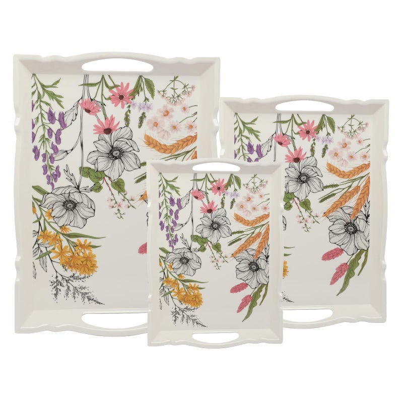 Soleter 3-Piece Botanical Wildflower Serving Tray Set – Rectangular Melamine Trays with Pink, Purple & Yellow Floral Illustrations, Wheat Stalks & Greenery, Integrated Handles - Image 1