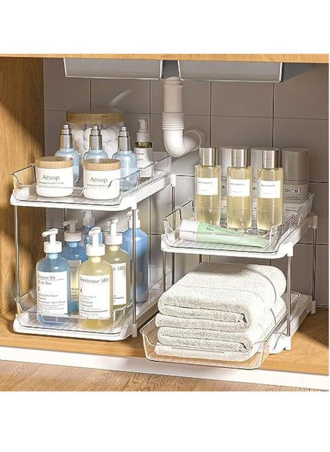 2 Sets of 2-Tier Multi-Purpose Bathroom Under Sink Organizers and Storage, Stackable Kitchen Pantry Organization, Pull Out Medicine Cabinet Organizer with 8 Movable Dividers